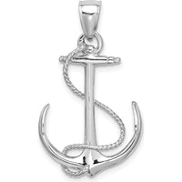 14K White Gold 31.75mm Polished and Textured Anchor Pendant with Rope Detail by Oro Pregiato