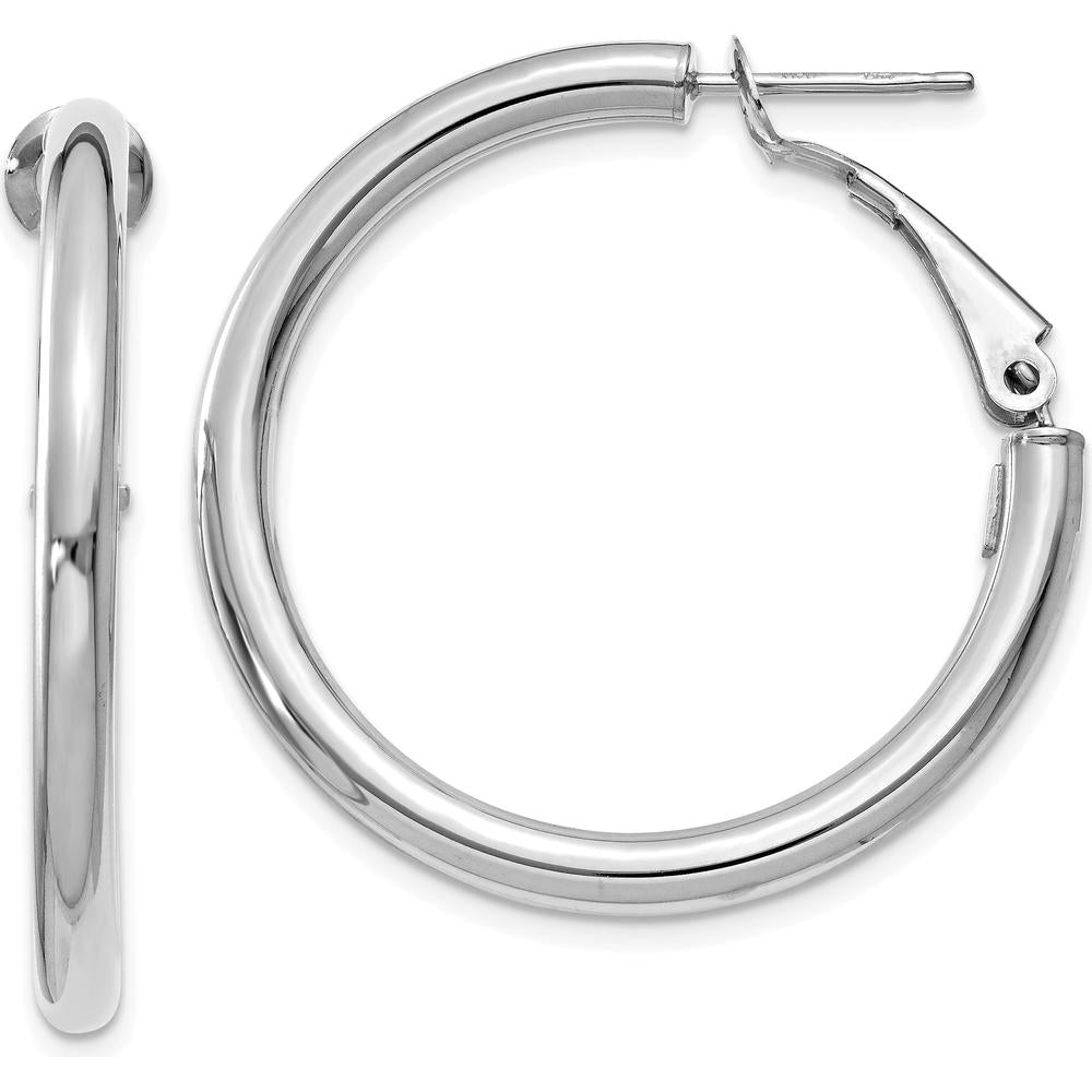 14K White Gold 32.5mm Polished Round Omega Back Hoop Earrings by Monteluci Fine Jewelry