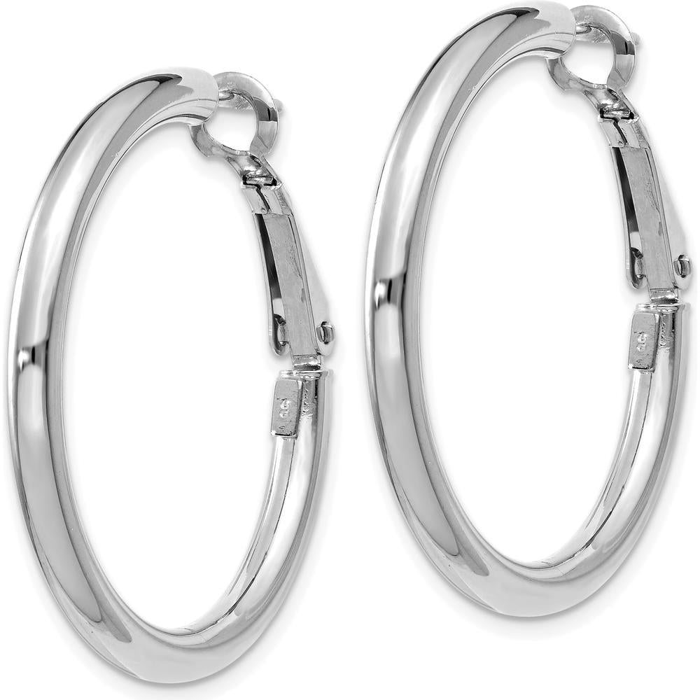 14K White Gold 32.5mm Polished Round Omega Back Hoop Earrings by Monteluci Fine Jewelry