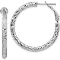 14K White Gold 32mm Diamond-Cut Round Hoop Earrings with Omega Back Closure by Oro Pregiato