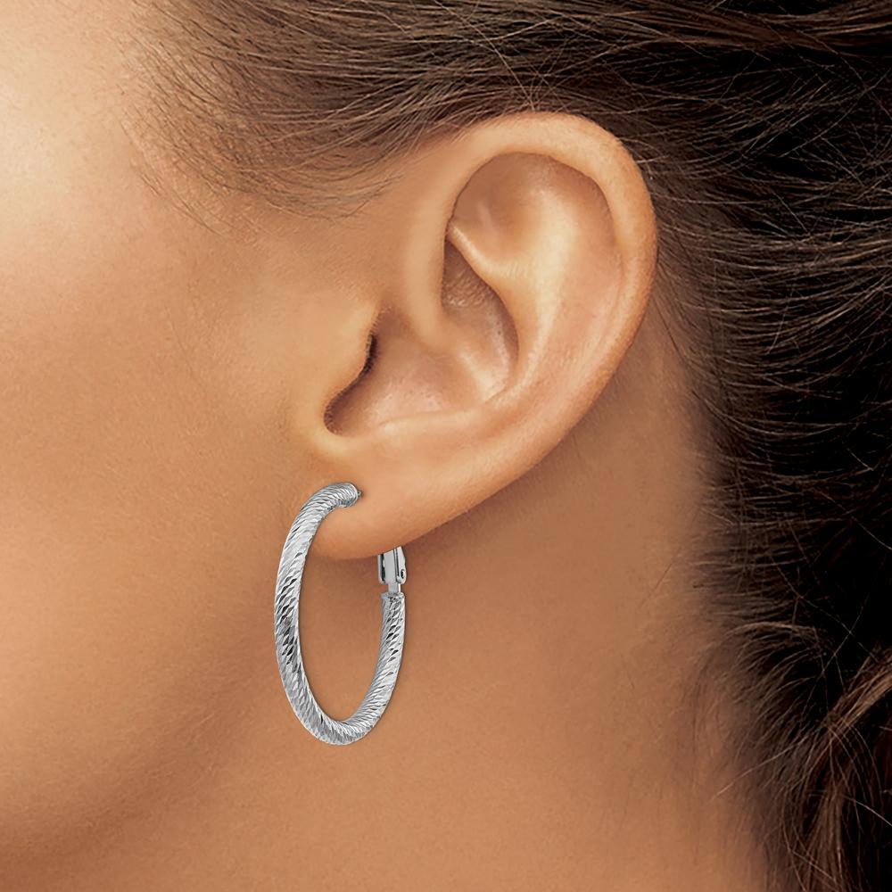 14K White Gold 32mm Diamond-Cut Round Hoop Earrings with Omega Back Closure by Oro Pregiato