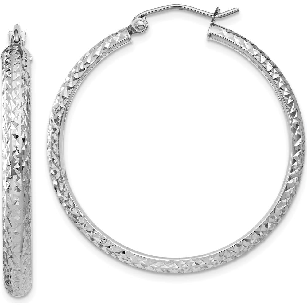 14K White Gold 34mm Diamond-Cut Hollow Hoop Earrings - Polished Finish, Rhodium Plated by 0