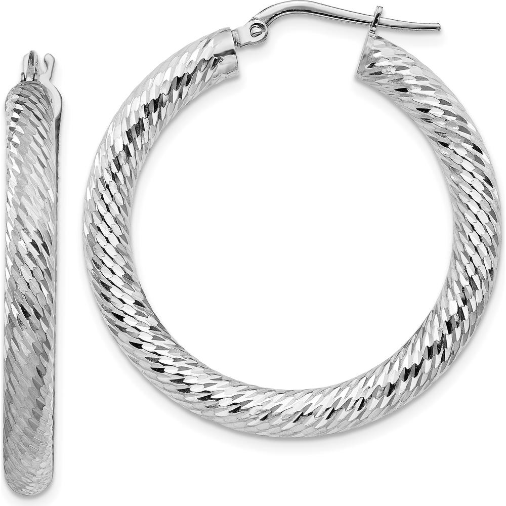 14K White Gold 35mm Diamond-Cut Round Hoop Earrings with Rhodium Plating by 0