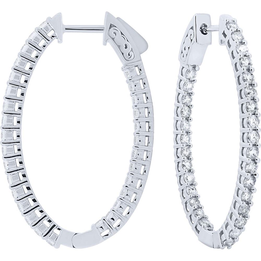 14K White Gold 35mm Diamond Hoop Earrings with Shared Prong Set Round Brilliant Diamonds - 2.00 Carat Total Diamond Weight - Royal Jewelry