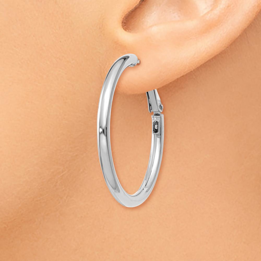 14K White Gold 36.75mm Polished Round Hoop Earrings with Omega Back Closure by Monteluci Fine Jewelry
