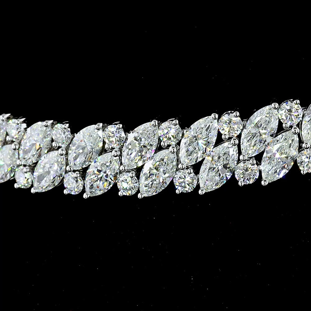 14K White Gold 37.85 Carat Tennis Necklace with Inclined Marquise and Round Lab Diamonds - E-F VS Clarity - Covaloro Fine Jewelry
