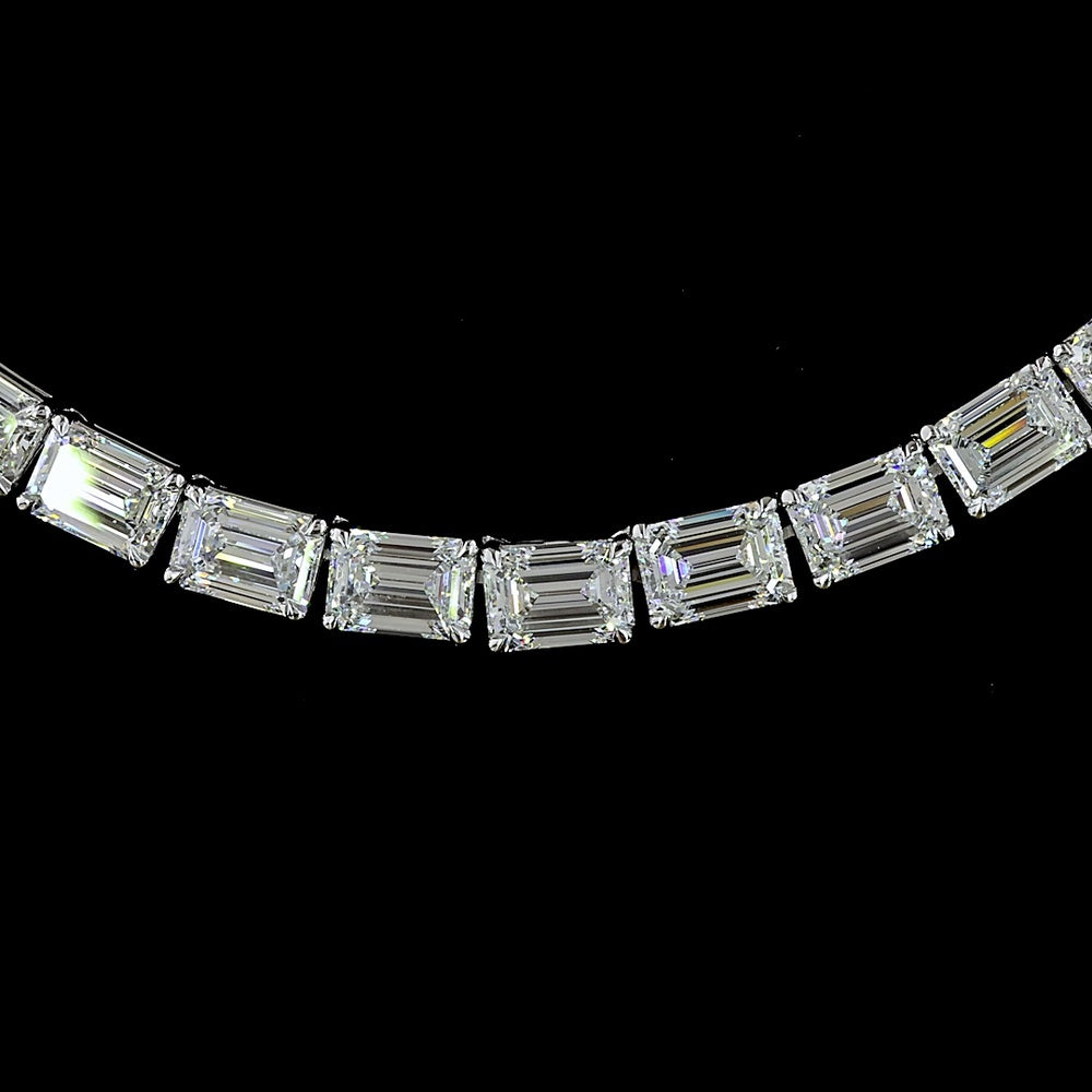 14K White Gold 39.29 Carat Tennis Necklace with East-West Prong Set Emerald Cut Lab Diamonds - E-F VS2 Clarity - 81 Stones - Covaloro Fine Jewelry