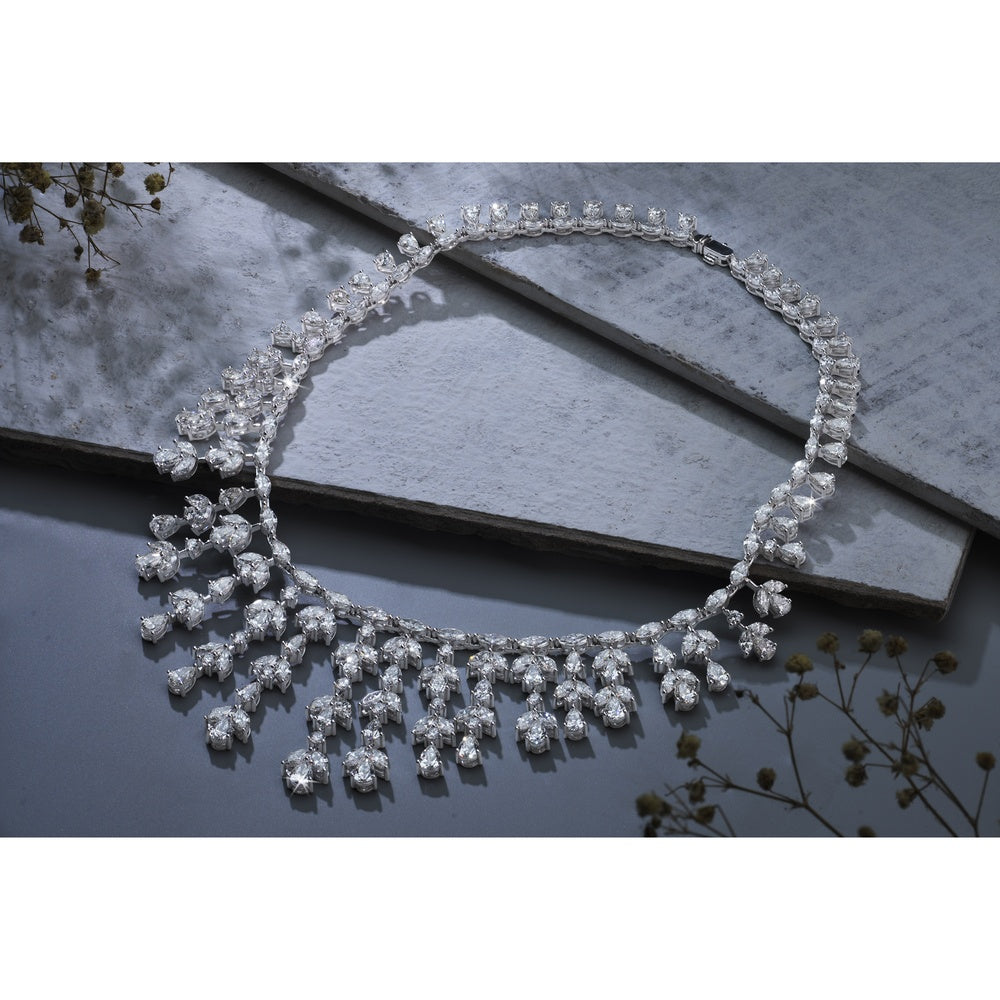 14K White Gold 39.83 Carat Mixed Shape Special Necklace with Pear and Marquise Lab Diamonds in Prong Settings - 69 Pear & 121 Marquise Stones - Covaloro Fine Jewelry