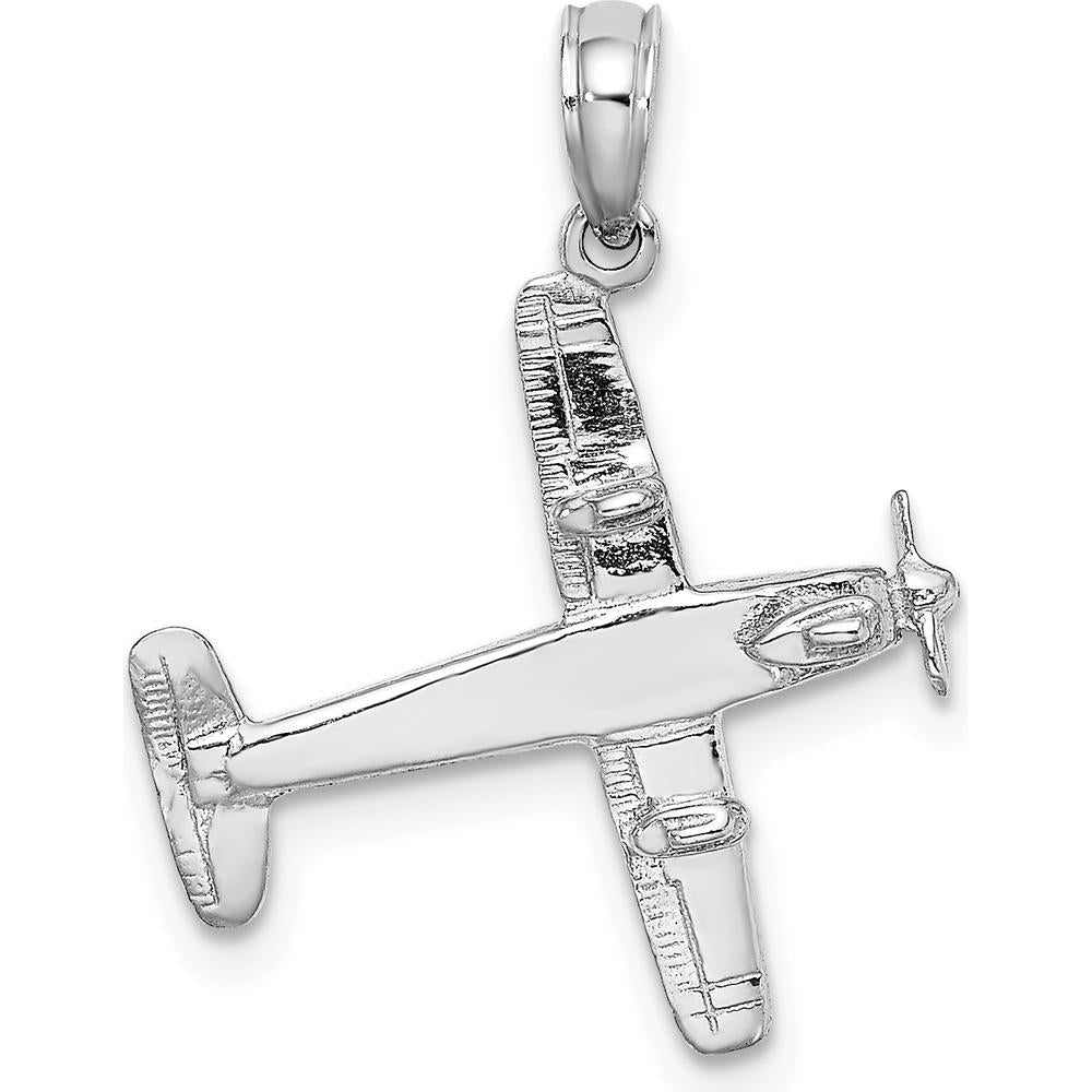 14K White Gold 3D Airplane Pendant with Polished Finish and Rhodium Plating by Oro Pregiato