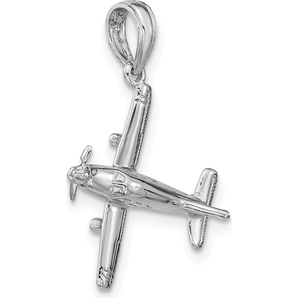 14K White Gold 3D Airplane Pendant with Polished Finish and Rhodium Plating by Oro Pregiato