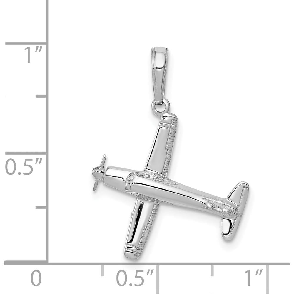 14K White Gold 3D Airplane Pendant with Polished Finish and Rhodium Plating by Oro Pregiato