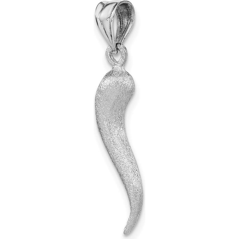 14K White Gold 3D Brushed Italian Horn Pendant - Rhodium Plated by Oro Pregiato