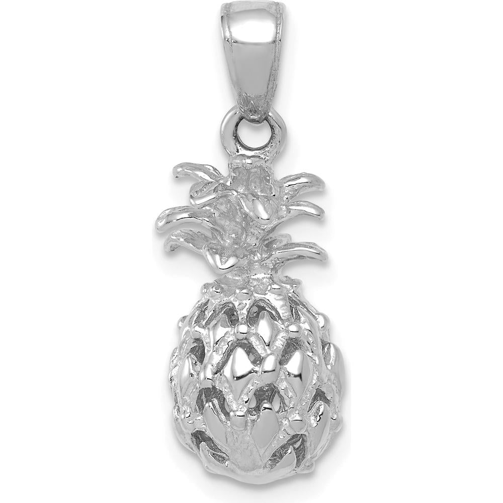 14K White Gold 3D Cut-out Pineapple Pendant - Rhodium Plated, Textured Design by Oro Pregiato