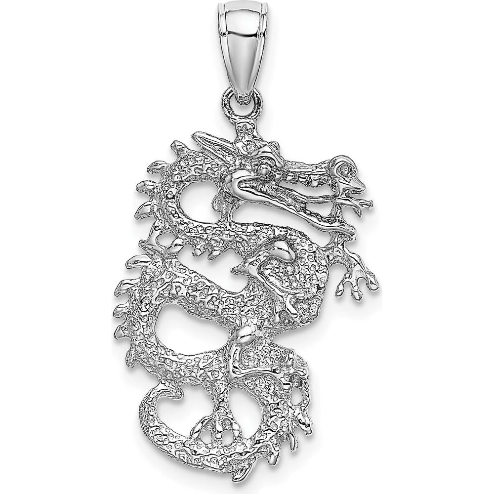 14K White Gold 3D Dragon Charm Pendant - Polished Finish by Oro Pregiato