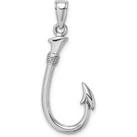 14K White Gold 3D Fish Hook Charm Pendant with Polished Rhodium Finish by Oro Pregiato