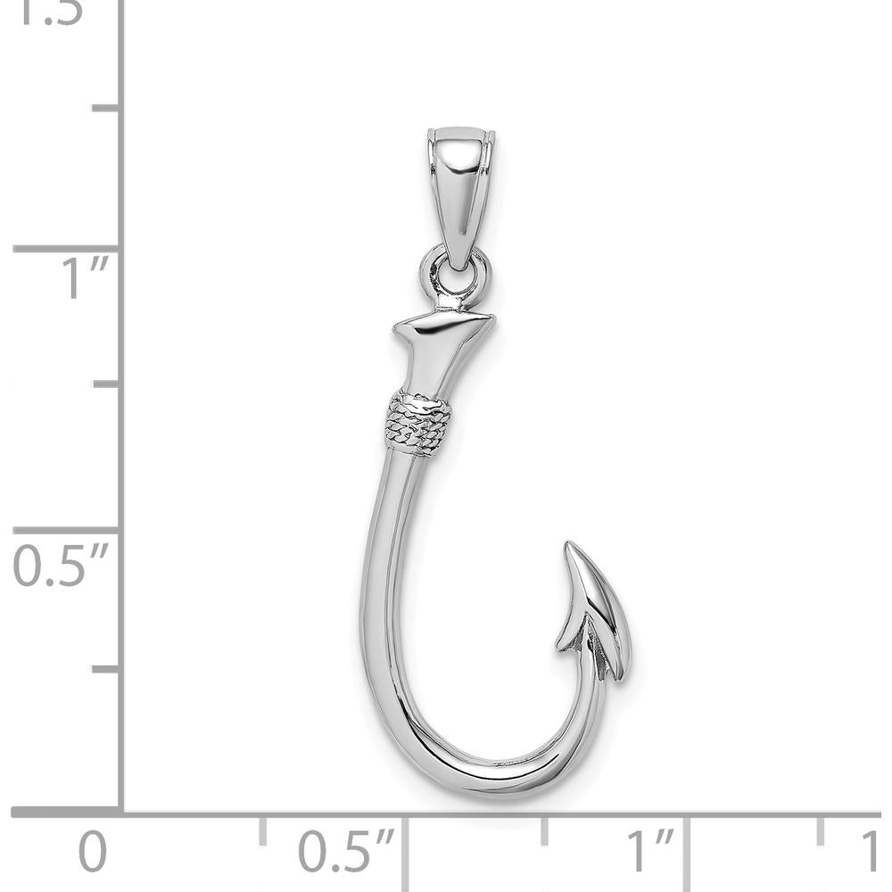14K White Gold 3D Fish Hook Charm Pendant with Polished Rhodium Finish by Oro Pregiato