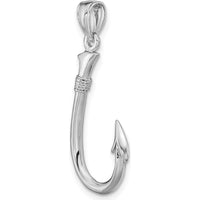 14K White Gold 3D Fish Hook Charm Pendant with Polished Rhodium Finish by Oro Pregiato