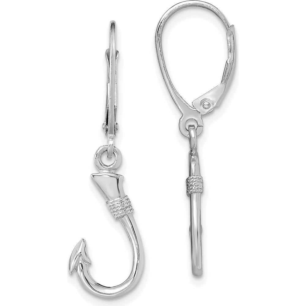 14K White Gold 3D Fish Hook Leverback Drop Earrings by 0