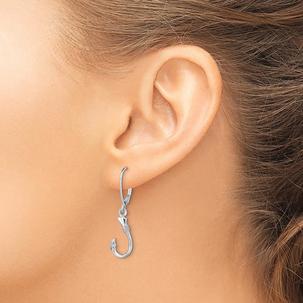 14K White Gold 3D Fish Hook Leverback Drop Earrings by 0
