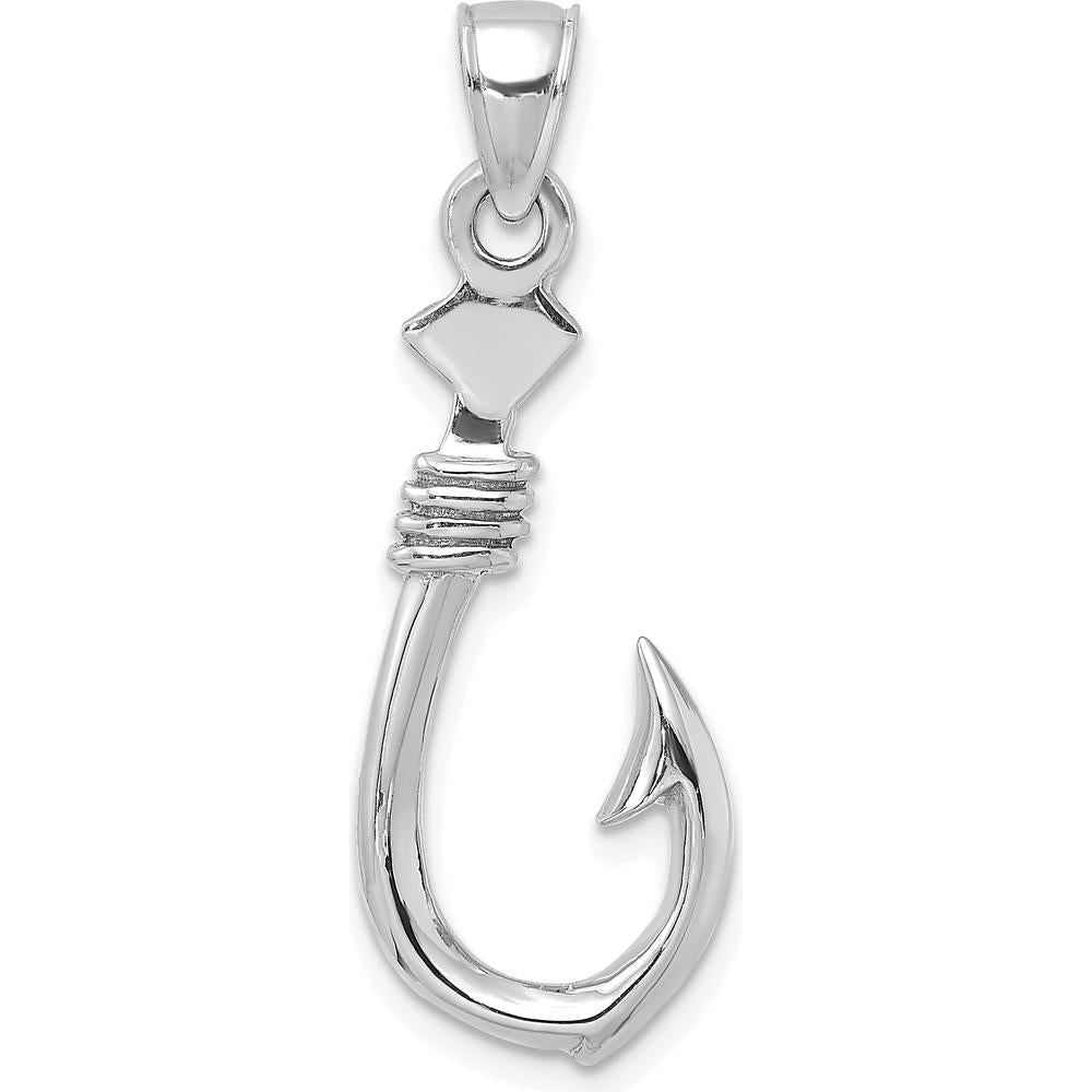 14K White Gold 3D Fish Hook Pendant with Rope Detail - 34.05mm Rhodium-Plated Charm by Oro Pregiato
