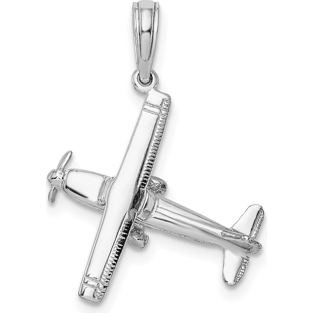 14K White Gold 3D High Wing Airplane Charm with Rhodium Plating by Oro Pregiato