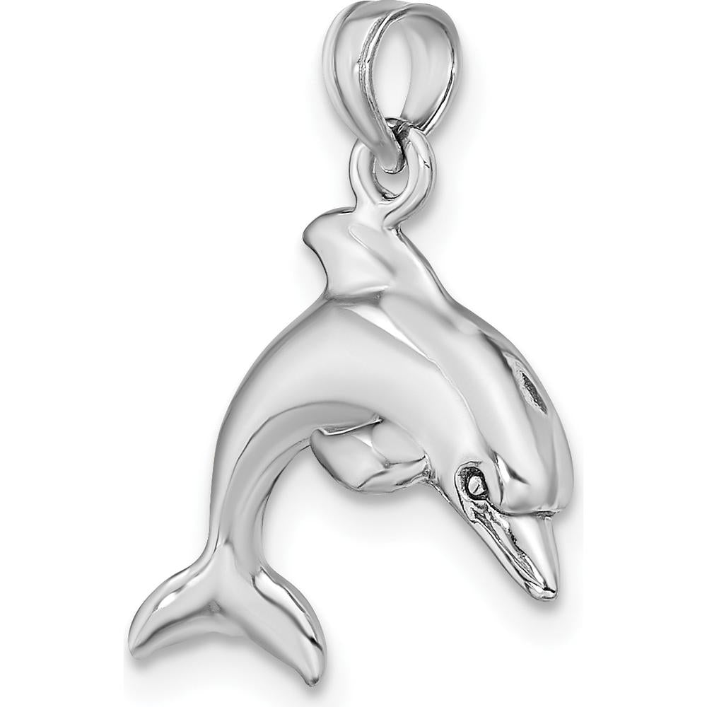 14K White Gold 3D Jumping Dolphin Pendant with Rhodium Plating by Oro Pregiato