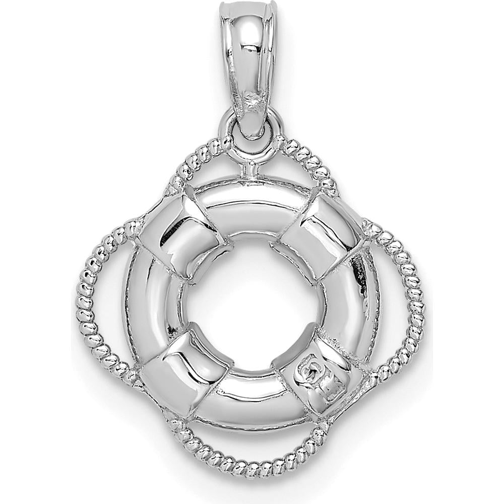 14K White Gold 3D Life Preserver Pendant with Rhodium Plating - Nautical Charm by Oro Pregiato