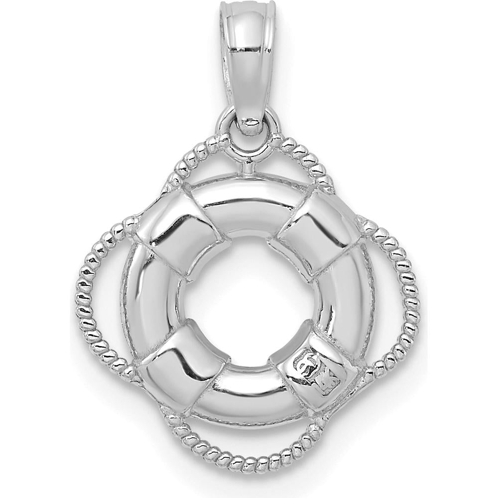 14K White Gold 3D Life Preserver Pendant with Rhodium Plating - Nautical Charm by Oro Pregiato