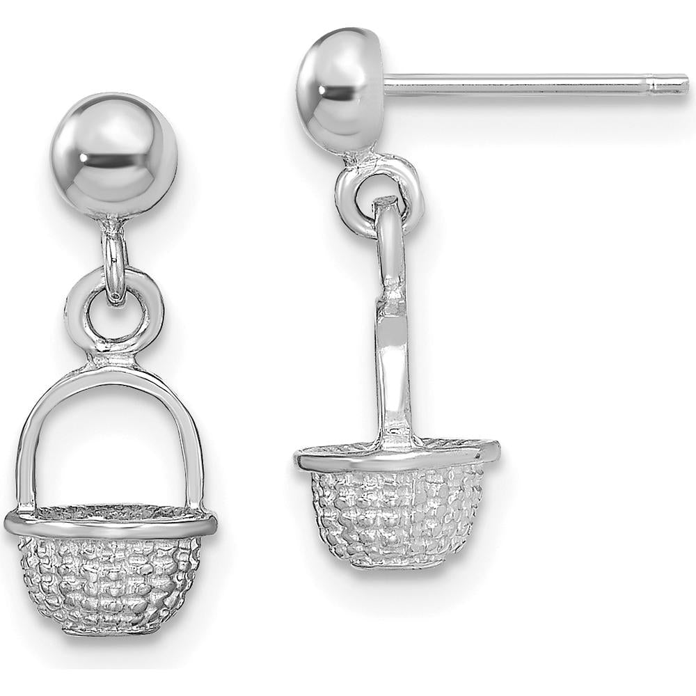 14K White Gold 3D Mini Basket Drop Earrings with Polished Rhodium Finish - 15.7mm Length by 0