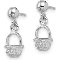 14K White Gold 3D Mini Basket Drop Earrings with Polished Rhodium Finish - 15.7mm Length by 0