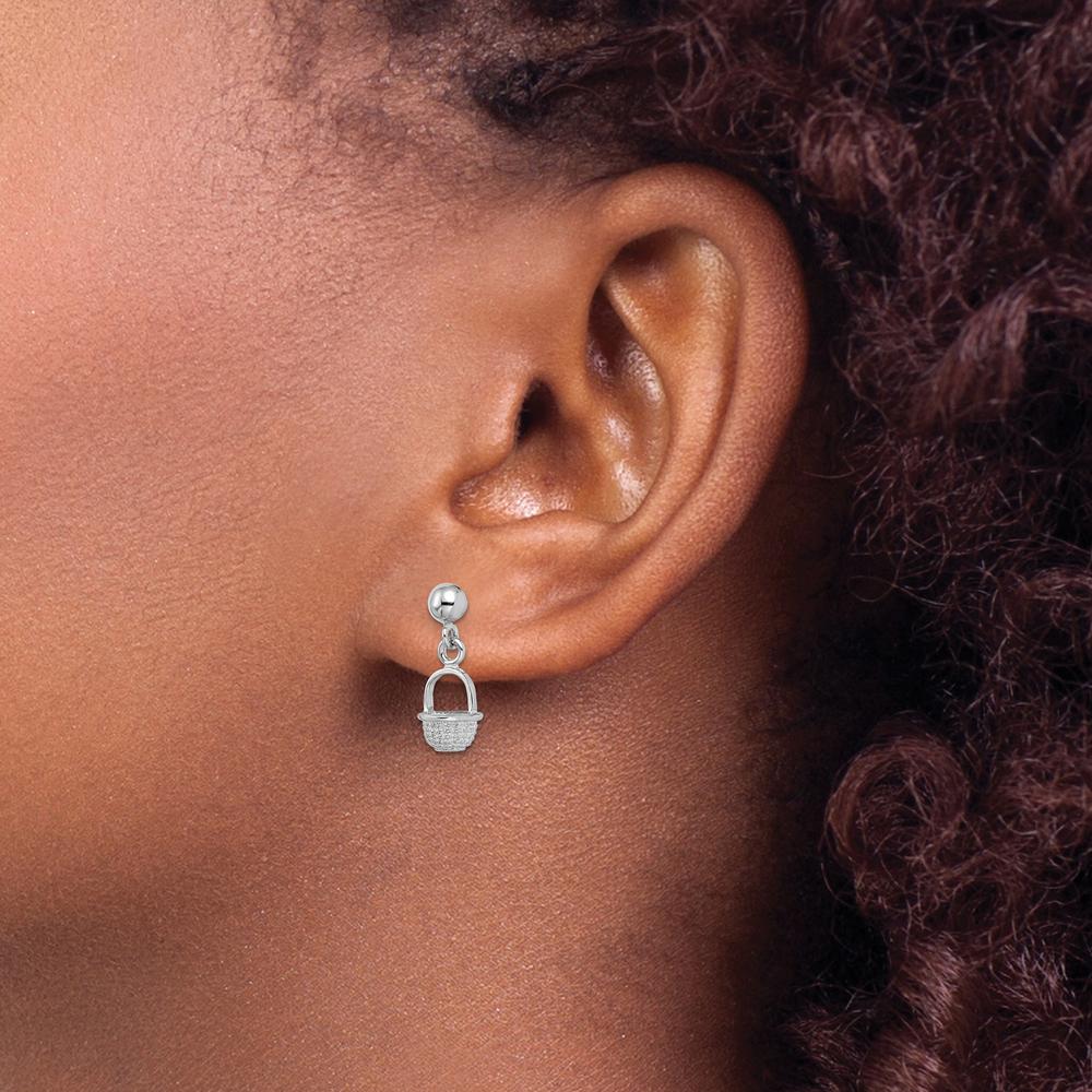 14K White Gold 3D Mini Basket Drop Earrings with Polished Rhodium Finish - 15.7mm Length by 0