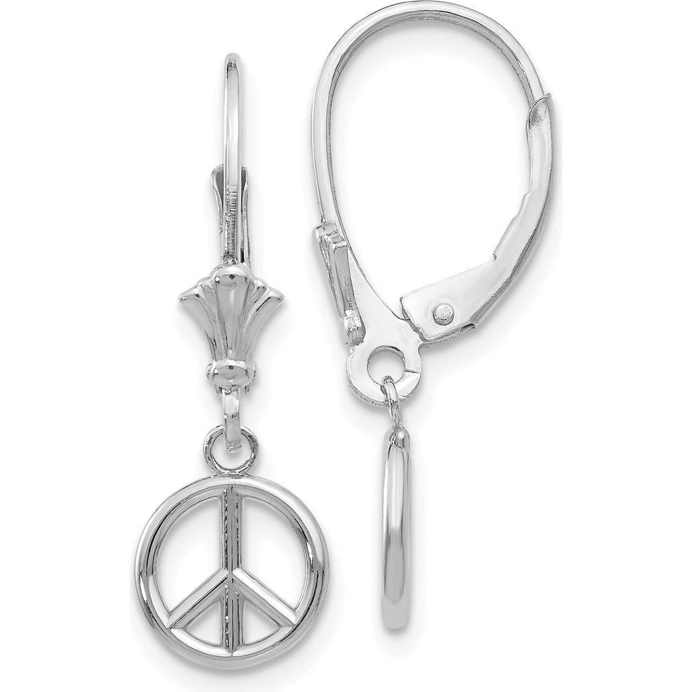 14K White Gold 3D Peace Symbol Leverback Drop Earrings by 0