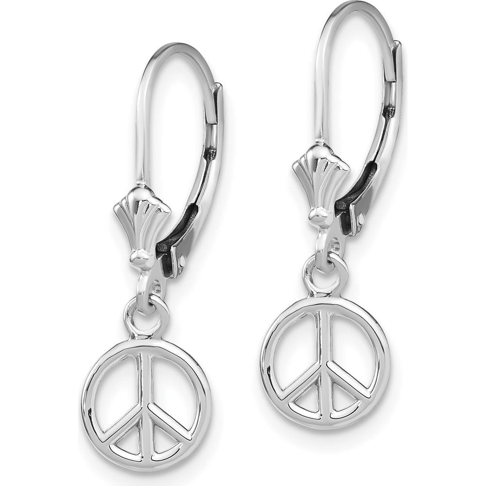 14K White Gold 3D Peace Symbol Leverback Drop Earrings by 0