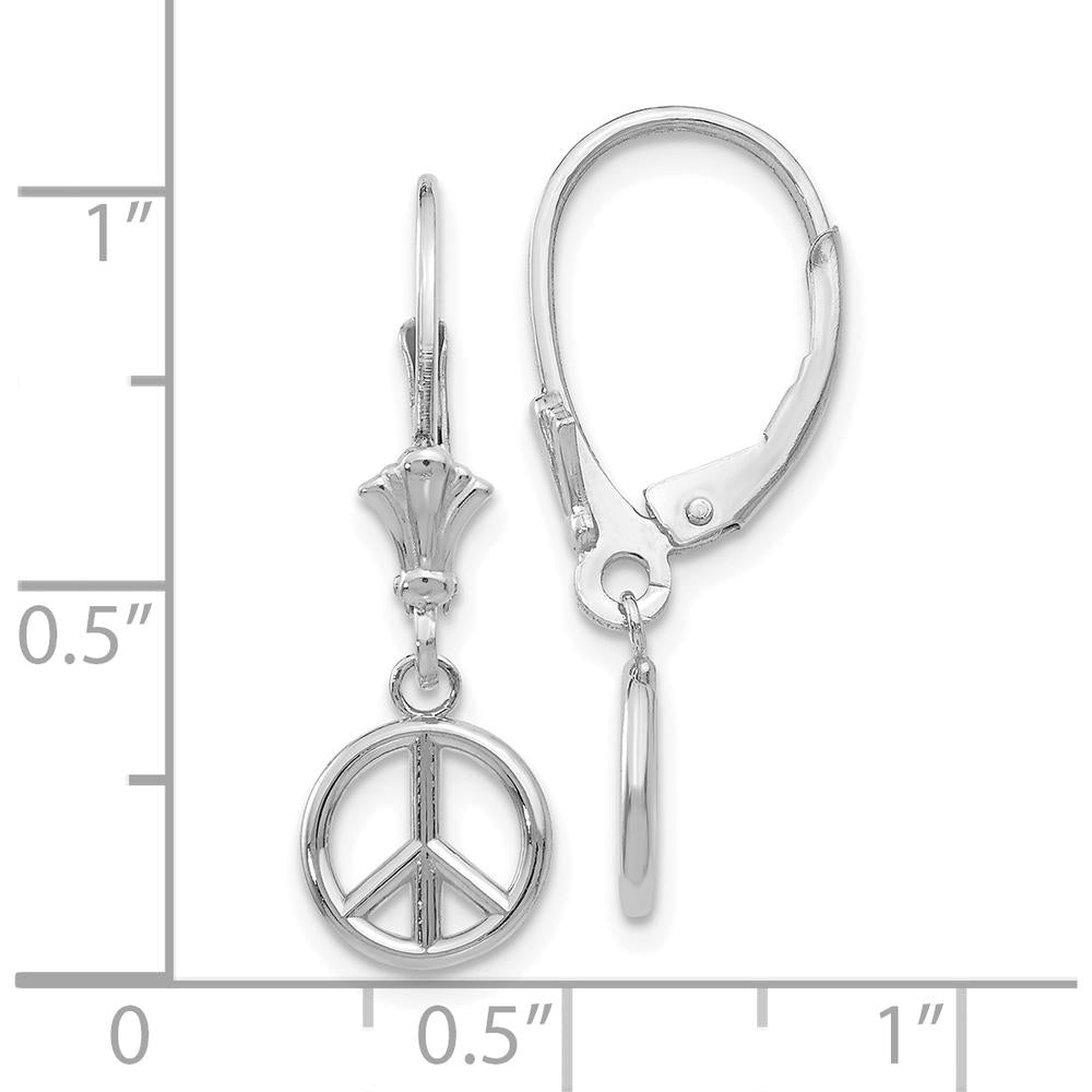 14K White Gold 3D Peace Symbol Leverback Drop Earrings by 0