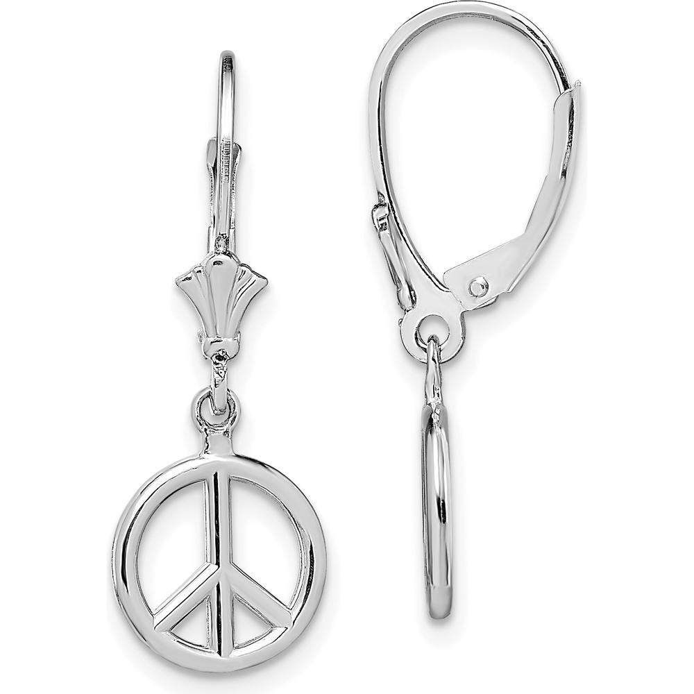 14K White Gold 3D Peace Symbol Leverback Drop Earrings by 0