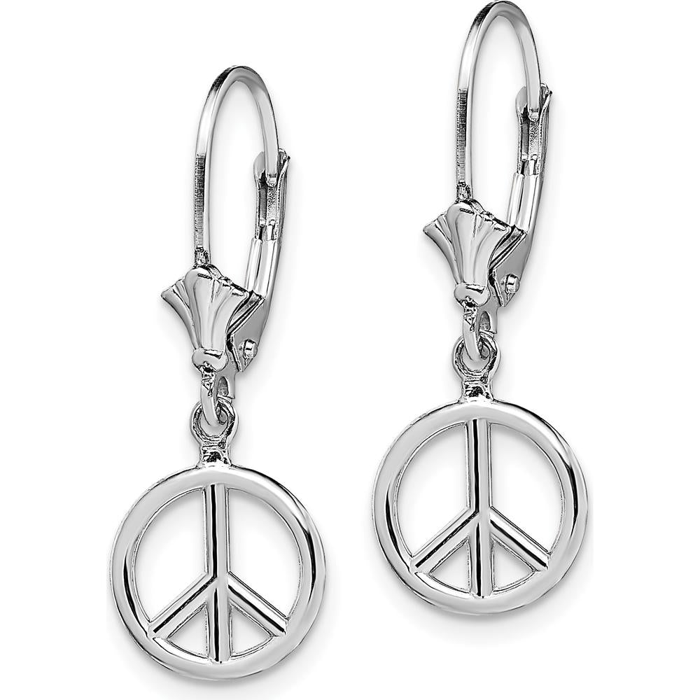 14K White Gold 3D Peace Symbol Leverback Drop Earrings by 0