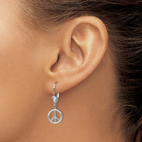 14K White Gold 3D Peace Symbol Leverback Drop Earrings by 0
