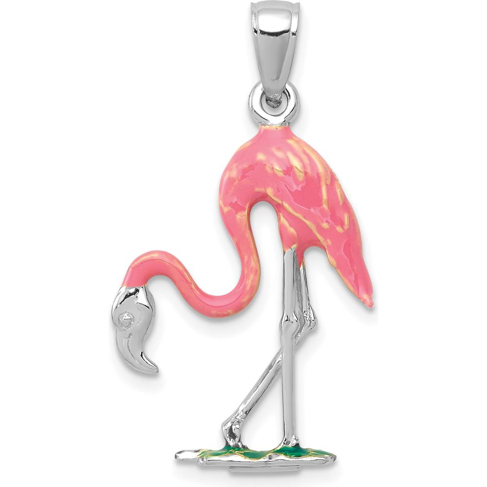 14K White Gold 3D Pink Flamingo Pendant with Enamel Accents by Oro Pregiato