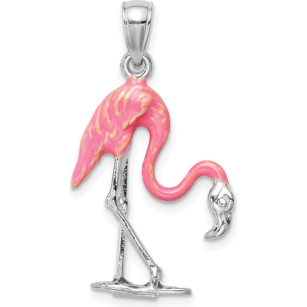 14K White Gold 3D Pink Flamingo Pendant with Enamel Accents by Oro Pregiato
