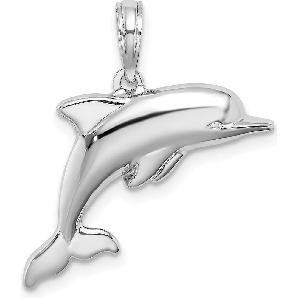 14K White Gold 3D Puffed Dolphin Pendant - Rhodium Plated by Oro Pregiato