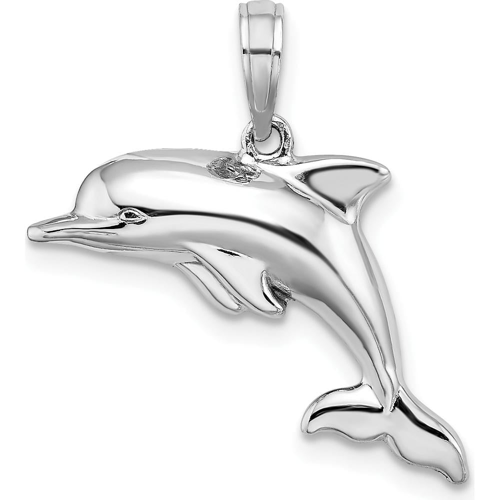14K White Gold 3D Puffed Dolphin Pendant - Rhodium Plated by Oro Pregiato