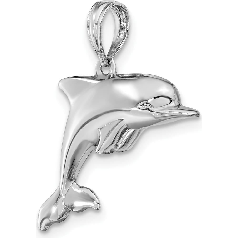 14K White Gold 3D Puffed Dolphin Pendant - Rhodium Plated by Oro Pregiato