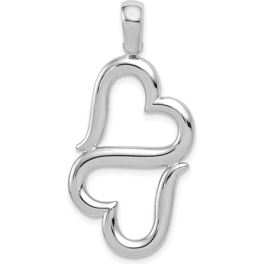 14K White Gold 3D Solid Connected Double Hearts Pendant with Rhodium Plating by Oro Pregiato