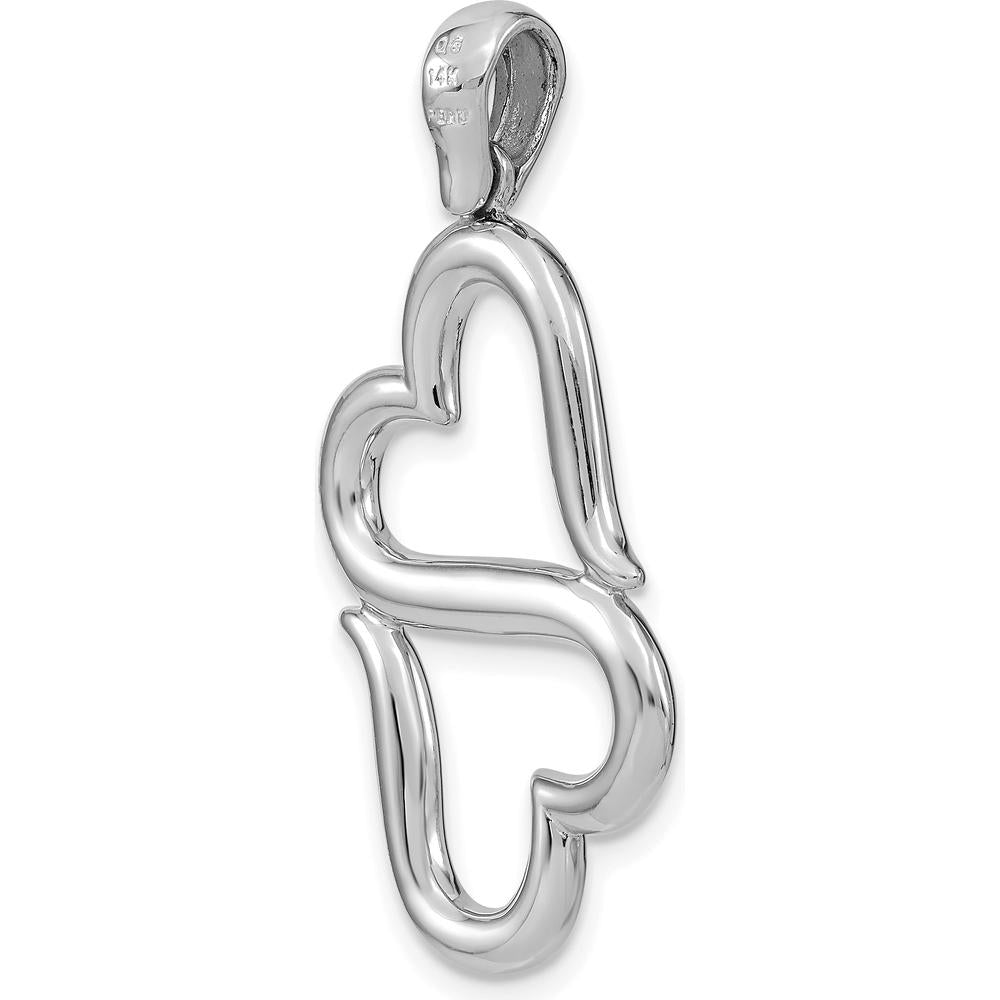 14K White Gold 3D Solid Connected Double Hearts Pendant with Rhodium Plating by Oro Pregiato