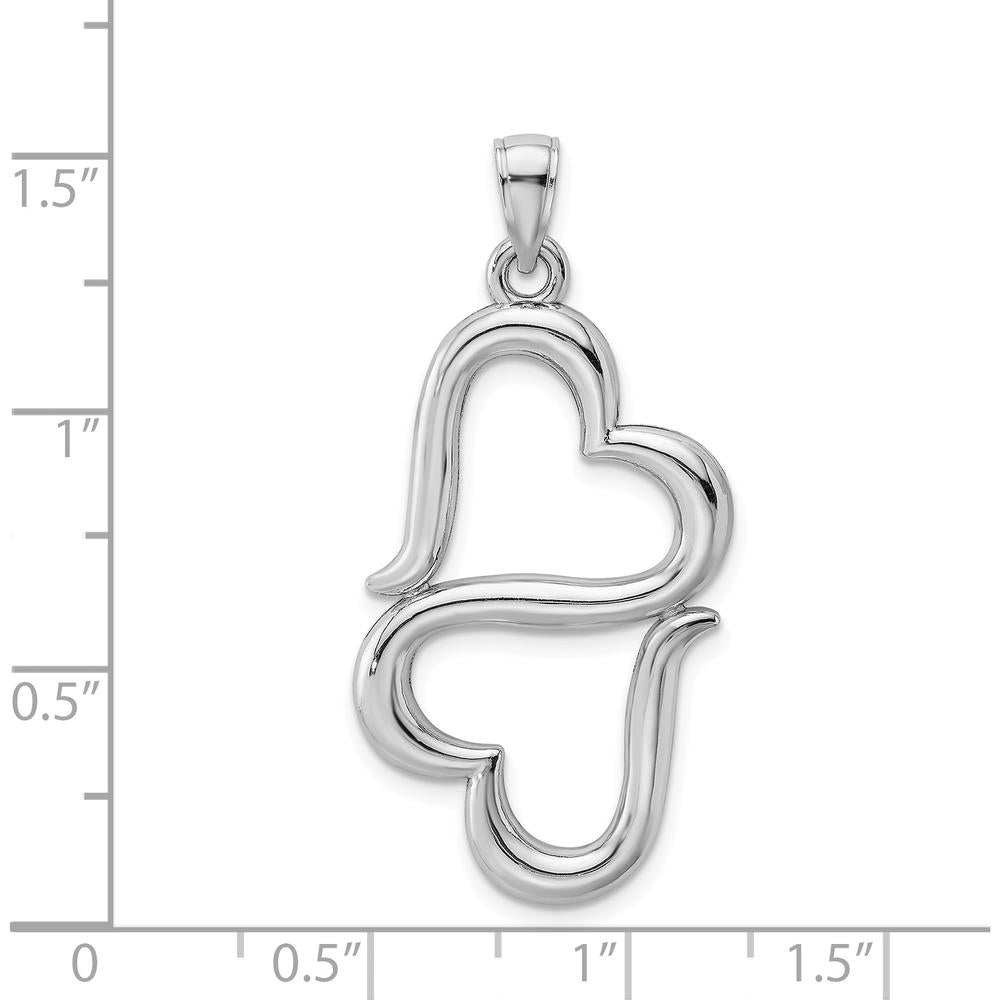 14K White Gold 3D Solid Connected Double Hearts Pendant with Rhodium Plating by Oro Pregiato