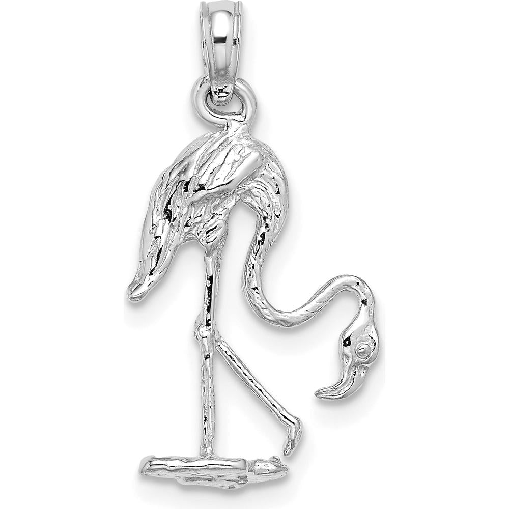 14K White Gold 3D Textured Flamingo Charm Pendant - Rhodium Plated by Oro Pregiato