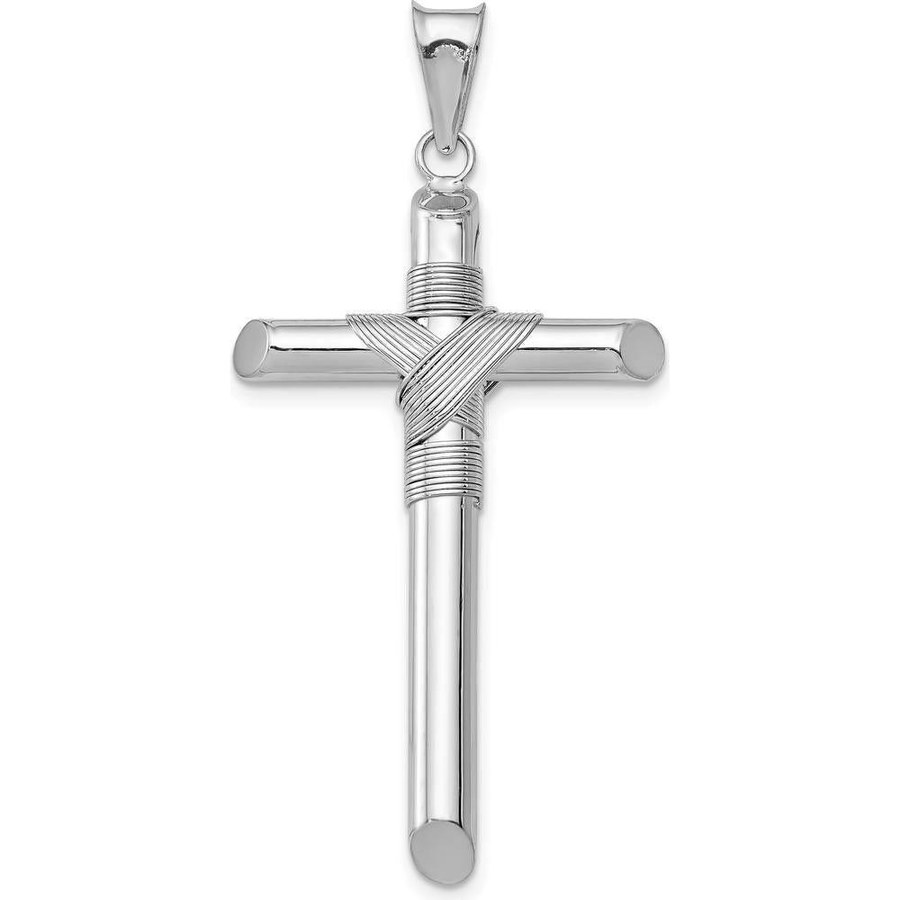 14K White Gold 3D Tube Wrap Cross Pendant - Polished Finish by Oro Pregiato