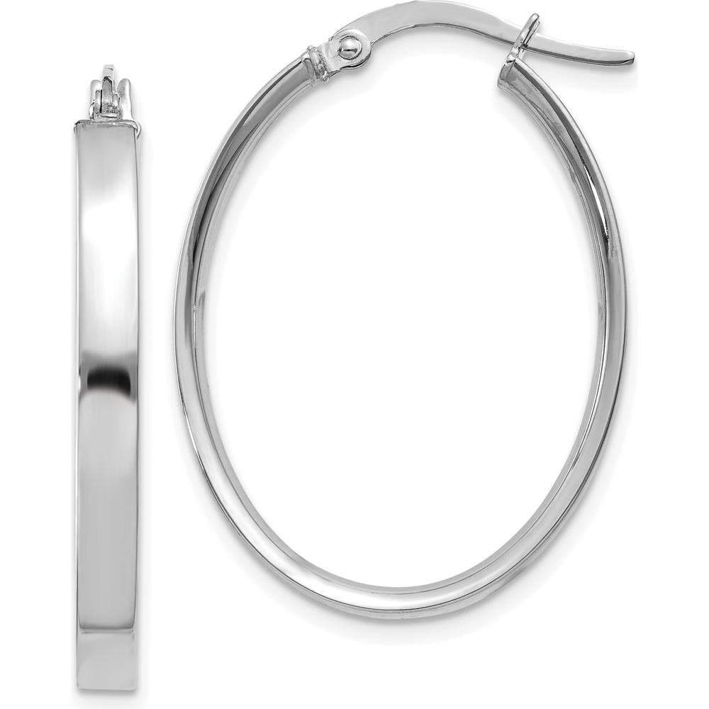 14K White Gold 3mm Oval Hoop Earrings with Polished Finish and Rhodium Plating by Monteluci Fine Jewelry