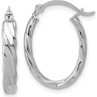 14K White Gold 3mm Patterned Oval Hoop Earrings with Striped Texture - Polished Finish by 0
