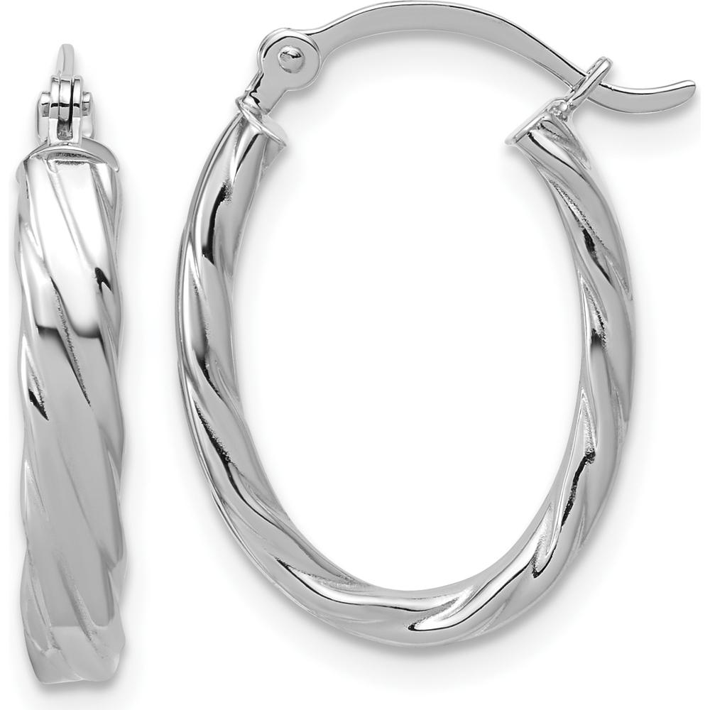 14K White Gold 3mm Patterned Oval Hoop Earrings with Striped Texture - Polished Finish by 0